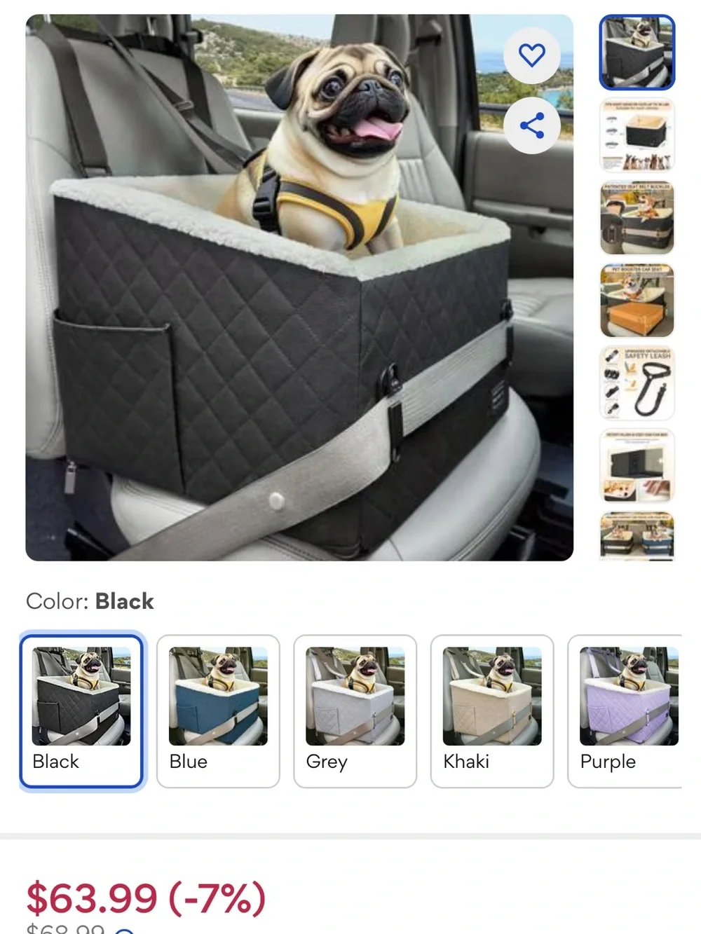 Quilted Black Dog Car booster seat with Plush Gray Interior